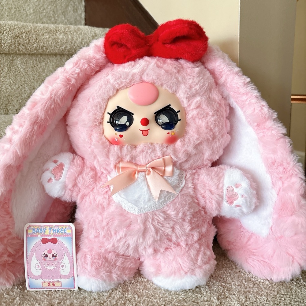 Baby three Pink Plush Bunny Toy with Red Bow- glass eyes